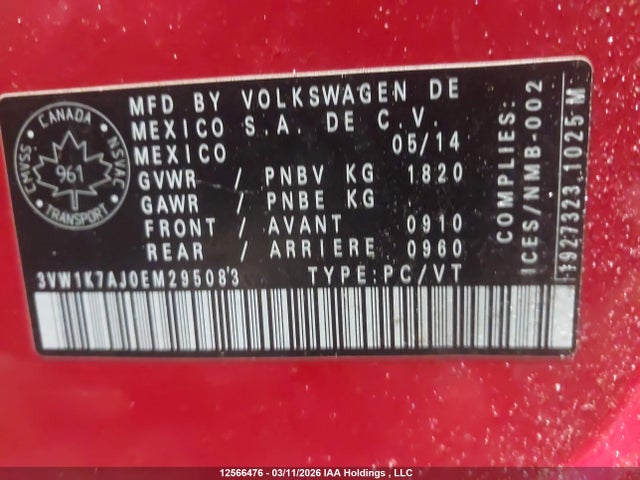 12566476 :رقم المزاد ، 3VW1K7AJ0EM295083 vin ، 2014 Volkswagen Jetta 2.0l Trendline/2.0l Trendline+ مزاد بيع