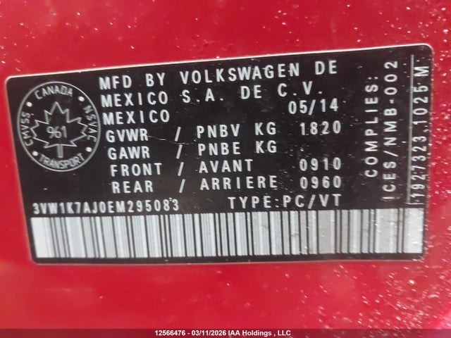 12566476 :رقم المزاد ، 3VW1K7AJ0EM295083 vin ، 2014 Volkswagen Jetta 2.0l Trendline/2.0l Trendline+ مزاد بيع
