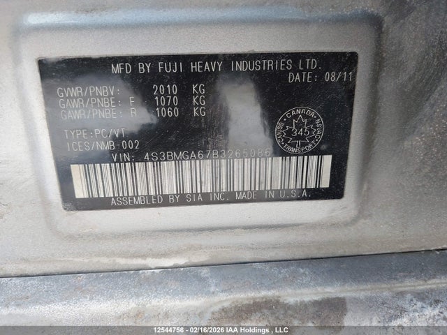 Aukcja sprzedaży 2011 Subaru Legacy 2.5 I/2.5 I Convenience Package, vin: 4S3BMGA67B3265086, numer aukcji: 12544756