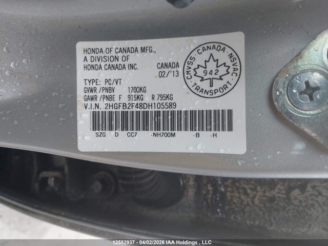 Aukcja sprzedaży 2013 Honda Civic Lx, vin: 2HGFB2F48DH105589, numer aukcji: 12582937