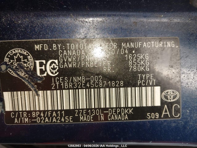 12582953 :رقم المزاد ، 2T1BR32E45C871828 vin ، 2005 Toyota Corolla Ce/le/s مزاد بيع