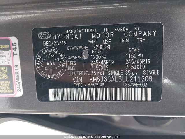 2020 Hyundai Tucson Ultimate მანქანა იყიდება აუქციონზე, vin: KM8J3CAL5LU211208, აუქციონის ნომერი: 12582971
