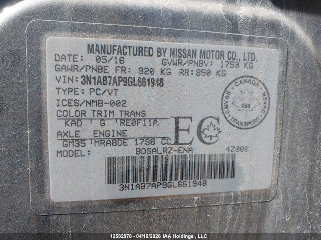 12582978 :رقم المزاد ، 3N1AB7AP9GL661948 vin ، 2016 Nissan Sentra 1.8 S/1.8 Sl/1.8 Sr/1.8 Sv مزاد بيع