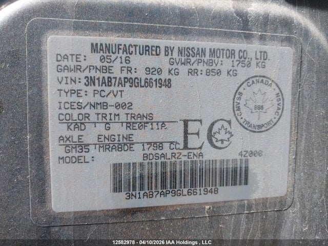 12582978 :رقم المزاد ، 3N1AB7AP9GL661948 vin ، 2016 Nissan Sentra 1.8 S/1.8 Sl/1.8 Sr/1.8 Sv مزاد بيع
