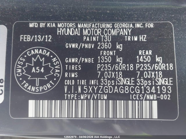 Продаж на аукціоні авто 2012 Hyundai Santa Fe Gls, vin: 5XYZGDAG8CG134193, номер лоту: 12582979