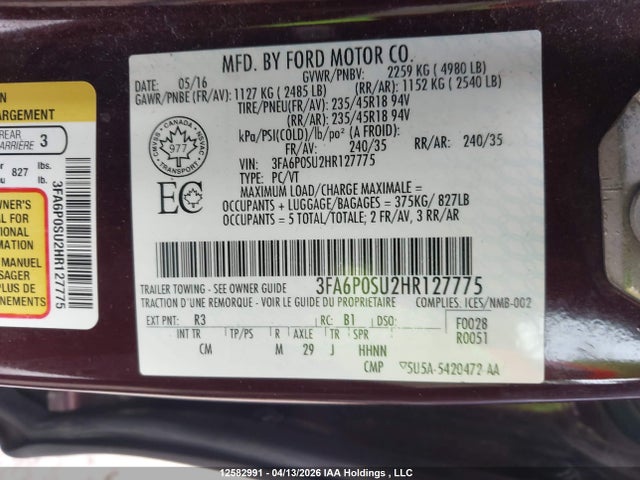 Продажа на аукционе авто 2017 Ford Fusion Titanium Phev, vin: 3FA6P0SU2HR127775, номер лота: 12582991
