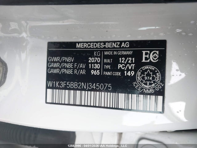 Aukcja sprzedaży 2022 Mercedes-benz Amg A 35 4matic, vin: W1K3F5BB2NJ345075, numer aukcji: 12582996