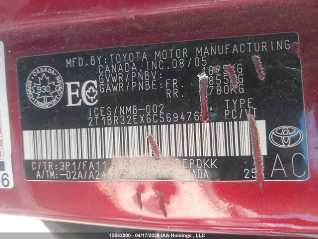 12583000 :رقم المزاد ، 2T1BR32EX6C569476 vin ، 2006 Toyota Corolla Ce/le/s مزاد بيع
