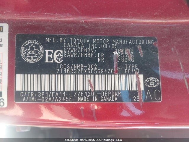 12583000 :رقم المزاد ، 2T1BR32EX6C569476 vin ، 2006 Toyota Corolla Ce/le/s مزاد بيع