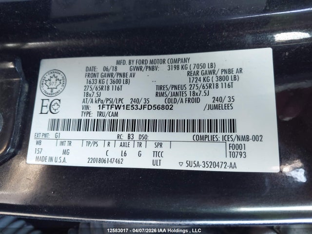 2018 Ford F150 Supercrew მანქანა იყიდება აუქციონზე, vin: 1FTFW1E53JFD56802, აუქციონის ნომერი: 12583017