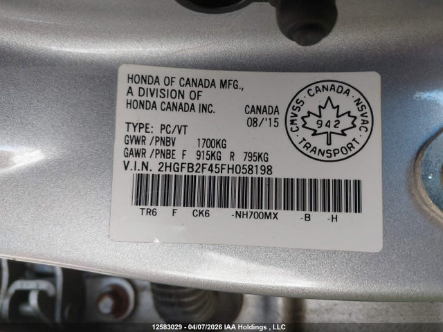 Aukcja sprzedaży 2015 Honda Civic Lx, vin: 2HGFB2F45FH058198, numer aukcji: 12583029