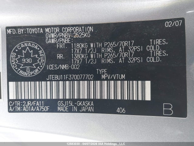 Aukcja sprzedaży 2007 Toyota Fj Cruiser, vin: JTEBU11F370077702, numer aukcji: 12583030