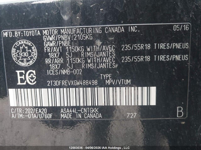 2T3DFREVXGW488498 Toyota Rav4 Limited