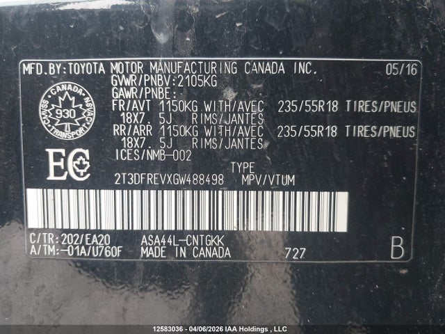 2T3DFREVXGW488498 Toyota Rav4 Limited