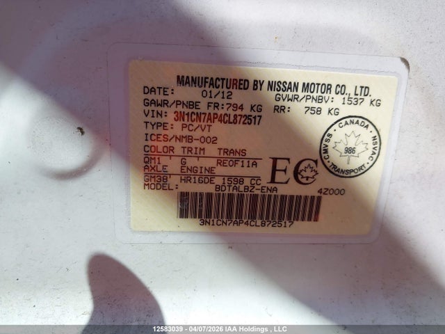 Aukcja sprzedaży 2012 Nissan Versa, vin: 3N1CN7AP4CL872517, numer aukcji: 12583039