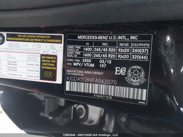 12583044 :رقم المزاد ، 4JGDA5GBXFA562070 vin ، 2015 Mercedes-benz Ml 400 4matic مزاد بيع