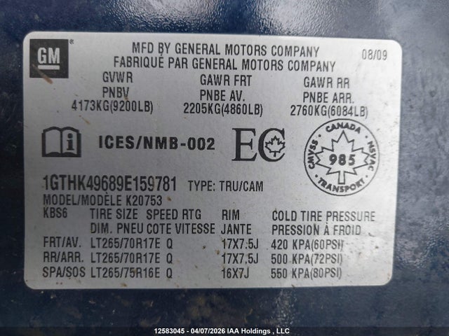 Aukcja sprzedaży 2009 Gmc Sierra 2500hd Sle/slt/wt, vin: 1GTHK49689E159781, numer aukcji: 12583045