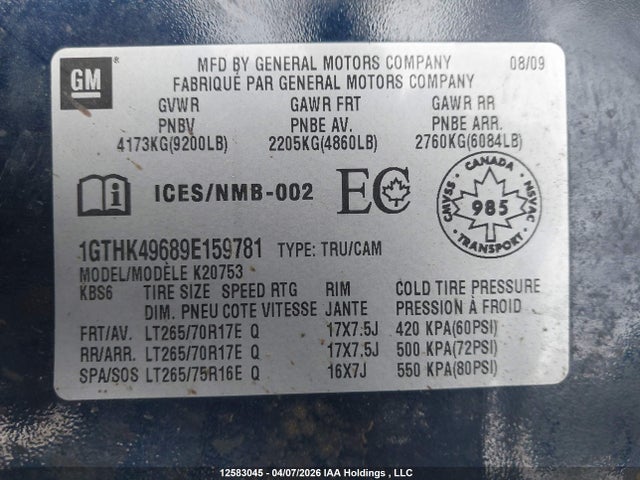 Aukcja sprzedaży 2009 Gmc Sierra 2500hd Sle/slt/wt, vin: 1GTHK49689E159781, numer aukcji: 12583045