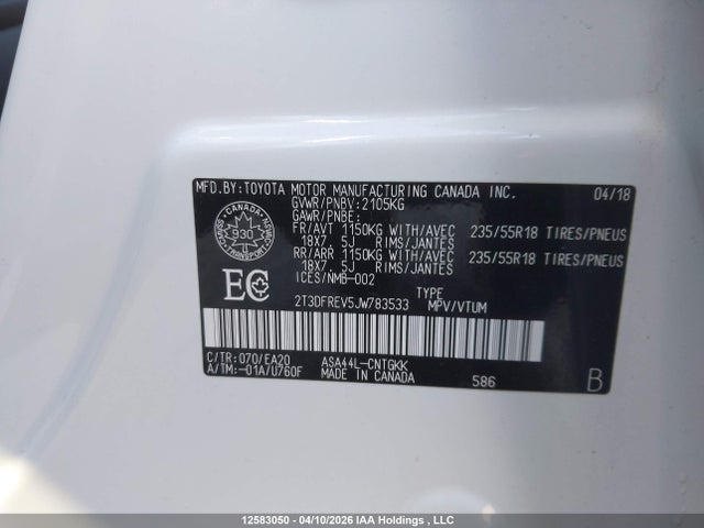 12583050 :رقم المزاد ، 2T3DFREV5JW783533 vin ، 2018 Toyota Rav4 Limited/se/platinum مزاد بيع