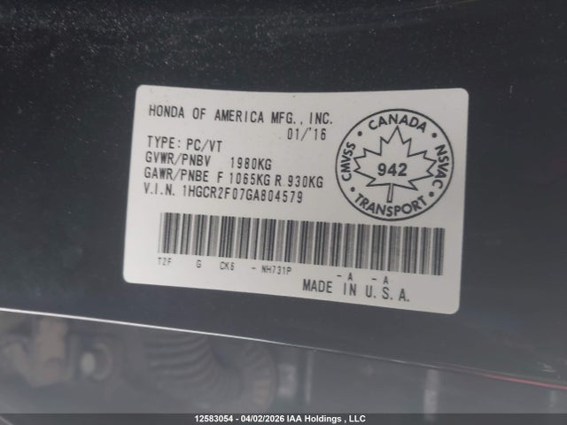 1HGCR2F07GA804579 Honda Accord Touring