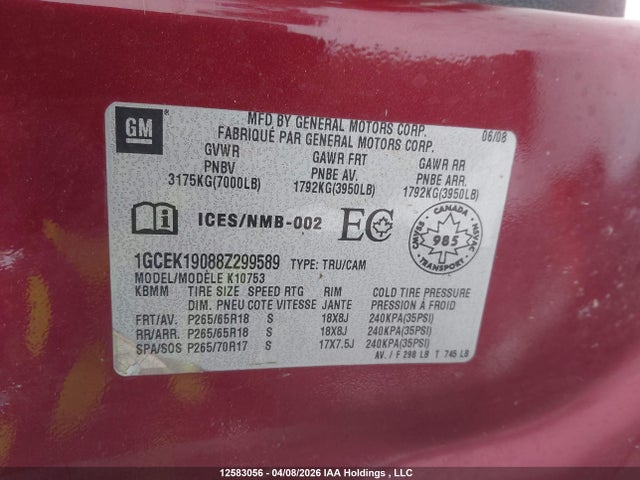 Aukcja sprzedaży 2008 Chevrolet Silverado K1500, vin: 1GCEK19088Z299589, numer aukcji: 12583056