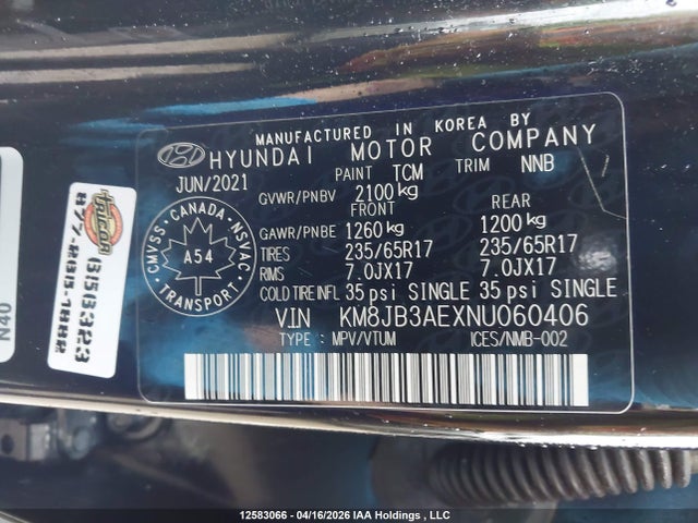 2022 Hyundai Tucson Preferred Fwd მანქანა იყიდება აუქციონზე, vin: KM8JB3AEXNU060406, აუქციონის ნომერი: 12583066