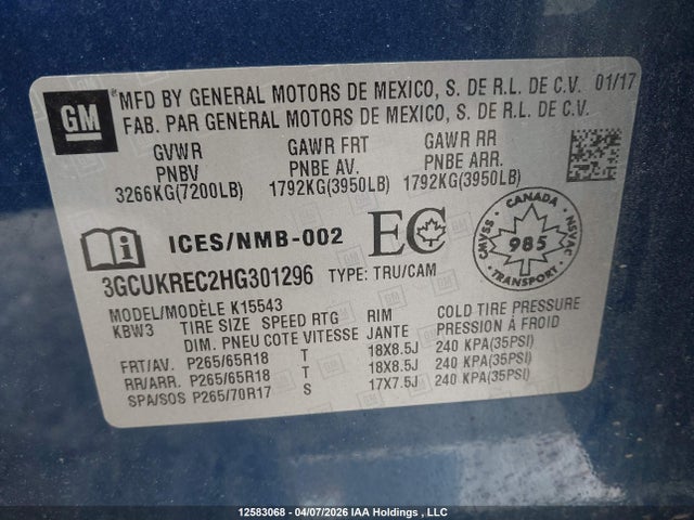 Продаж на аукціоні авто 2017 Chevrolet Silverado 1500 2lt, vin: 3GCUKREC2HG301296, номер лоту: 12583068
