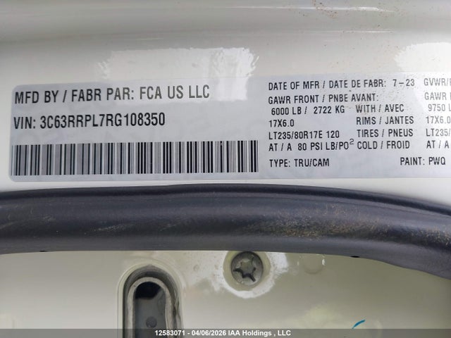 2024 Ram 3500 Limited მანქანა იყიდება აუქციონზე, vin: 3C63RRPL7RG108350, აუქციონის ნომერი: 12583071