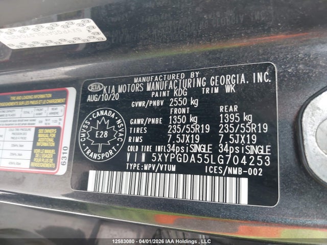 5XYPGDA55LG704253 KIA Sorento 3.3l Black Line/3.3l Lx+
