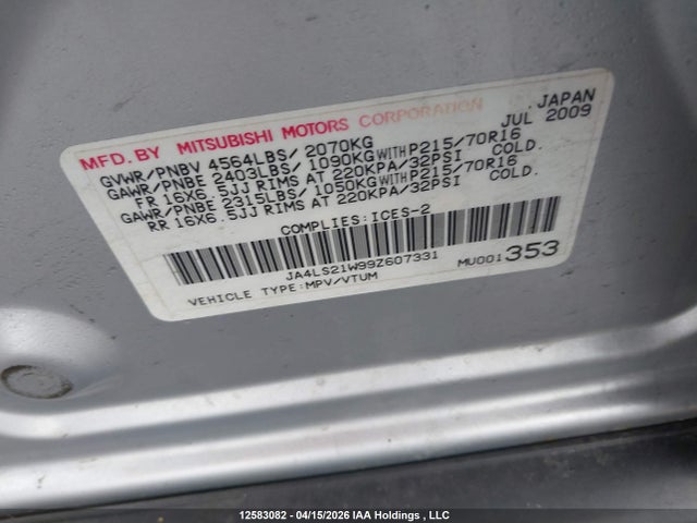 2009 Mitsubishi Outlander Es მანქანა იყიდება აუქციონზე, vin: JA4LS21W99Z607331, აუქციონის ნომერი: 12583082