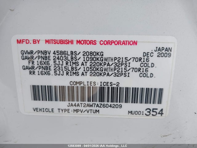 Продажа на аукционе авто 2010 Mitsubishi Outlander Es, vin: JA4AT2AW7AZ604209, номер лота: 12583089