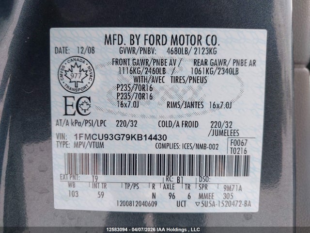 Aukcja sprzedaży 2009 Ford Escape Xlt, vin: 1FMCU93G79KB14430, numer aukcji: 12583094