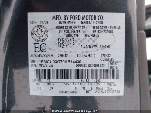 Aukcja sprzedaży 2009 Ford Escape Xlt, vin: 1FMCU93G79KB14430, numer aukcji: 12583094