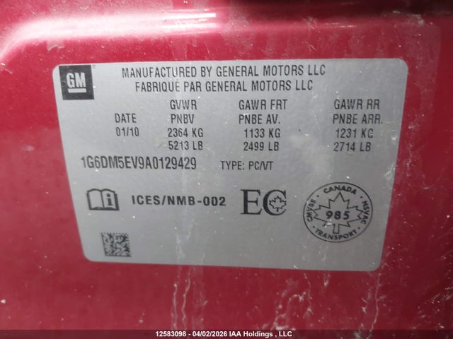 12583098 :رقم المزاد ، 1G6DM5EV9A0129429 vin ، 2010 Cadillac Cts 3.6l Base مزاد بيع