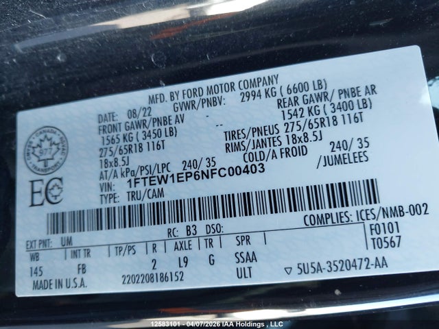 2022 Ford F-150 Xlt მანქანა იყიდება აუქციონზე, vin: 1FTEW1EP6NFC00403, აუქციონის ნომერი: 12583101