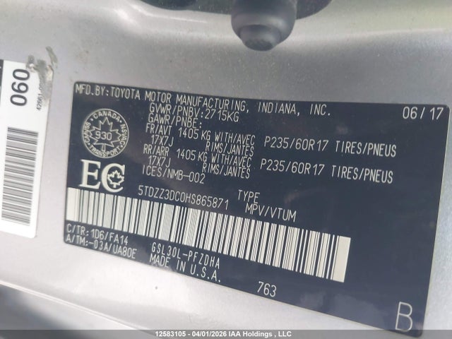 12583105 :رقم المزاد ، 5TDZZ3DC0HS865871 vin ، 2017 Toyota Sienna 7 Passenger مزاد بيع
