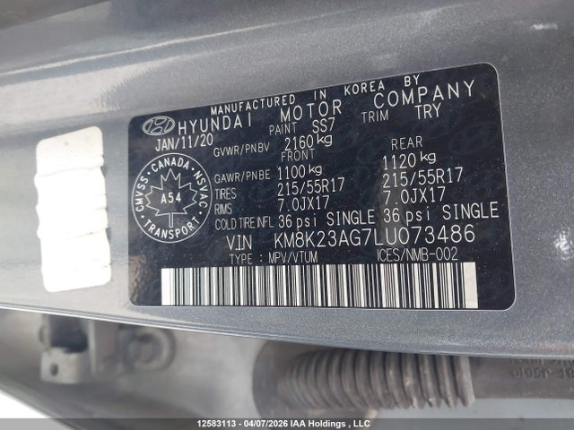 2020 Hyundai Kona Electric Preferred მანქანა იყიდება აუქციონზე, vin: KM8K23AG7LU073486, აუქციონის ნომერი: 12583113
