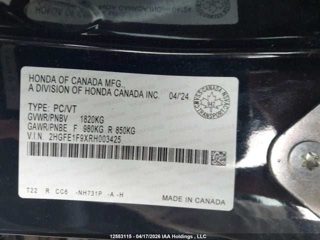 2HGFE1F9XRH003425 Honda Civic Touring
