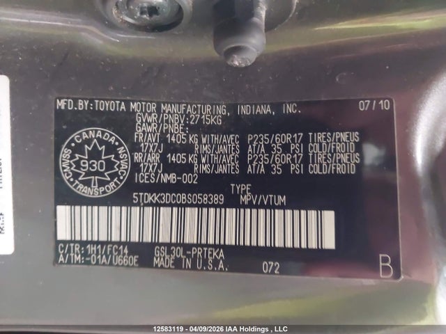 12583119 :رقم المزاد ، 5TDKK3DC0BS058389 vin ، 2011 Toyota Sienna Le مزاد بيع