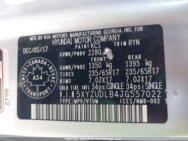 5XYZUDLB4JG557022 Hyundai Santa Fe