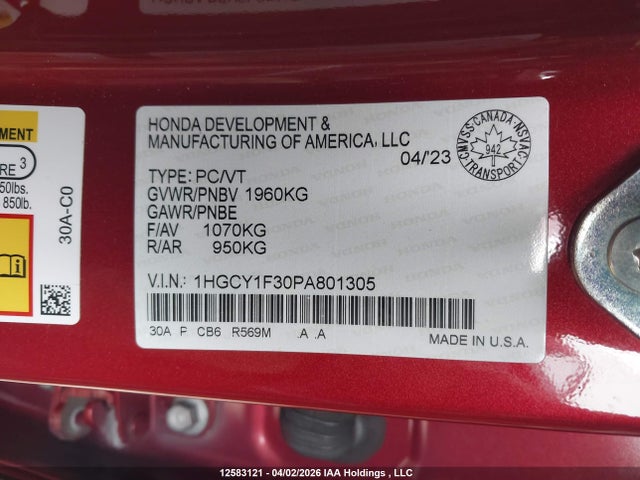 1HGCY1F30PA801305 Honda ACCORD EX