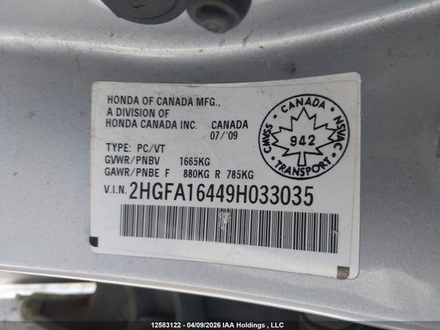 Aukcja sprzedaży 2009 Honda Civic, vin: 2HGFA16449H033035, numer aukcji: 12583122