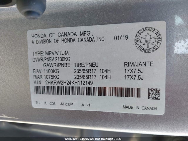 Aukcja sprzedaży 2019 Honda Cr-v, vin: 2HKRW2H24KH112149, numer aukcji: 12583125