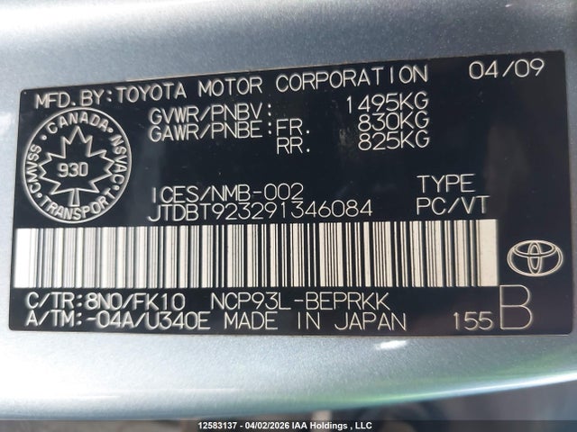 12583137 :رقم المزاد ، JTDBT923291346084 vin ، 2009 Toyota Yaris مزاد بيع