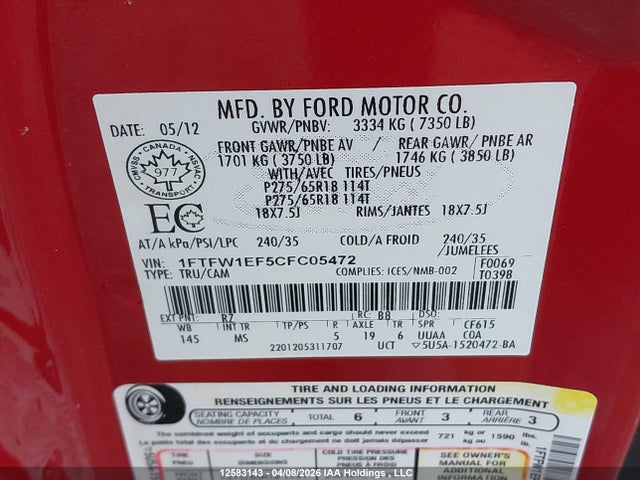 Продаж на аукціоні авто 2012 Ford F-150 Xlt, vin: 1FTFW1EF5CFC05472, номер лоту: 12583143
