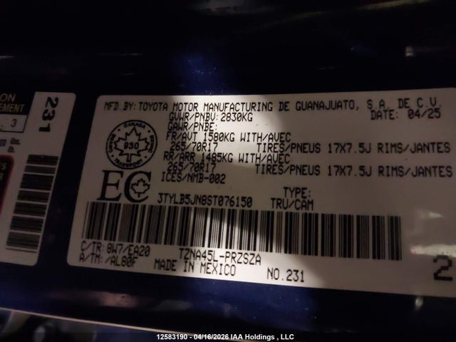 12583190 :رقم المزاد ، 3TYLB5JN8ST076150 vin ، 2025 Toyota Tacoma Double Cab/sr5/trd Sport/trd Off Road/ltd مزاد بيع