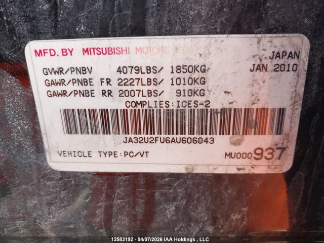 12583192 :رقم المزاد ، JA32U2FU6AU606043 vin ، 2010 Mitsubishi Lancer Se مزاد بيع