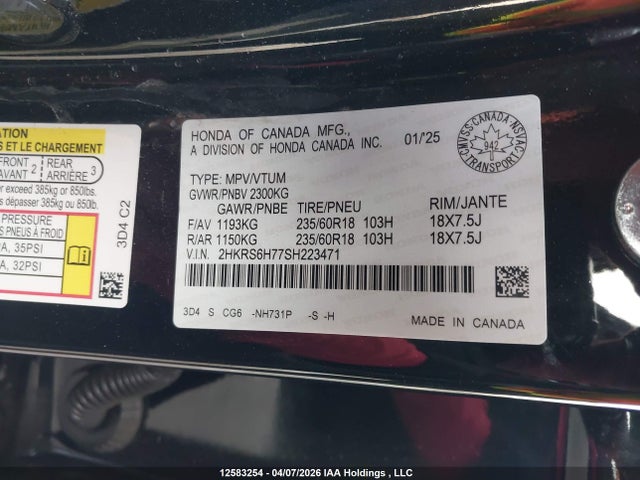 Aukcja sprzedaży 2025 Honda Cr-v Exl, vin: 2HKRS6H77SH223471, numer aukcji: 12583254