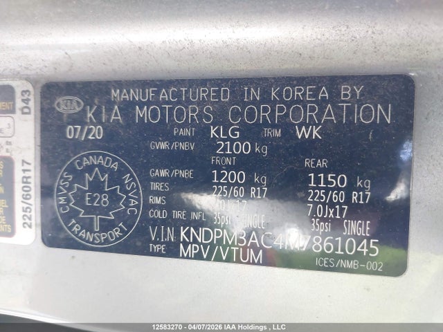 Продажа на аукционе авто 2021 Kia Sportage Lx, vin: KNDPM3AC4M7861045, номер лота: 12583270