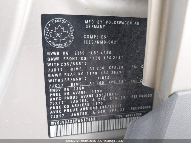 12583272 :رقم المزاد ، WVGJV3AX8EW517663 vin ، 2014 Volkswagen Tiguan Comfortline/highline/trendline مزاد بيع